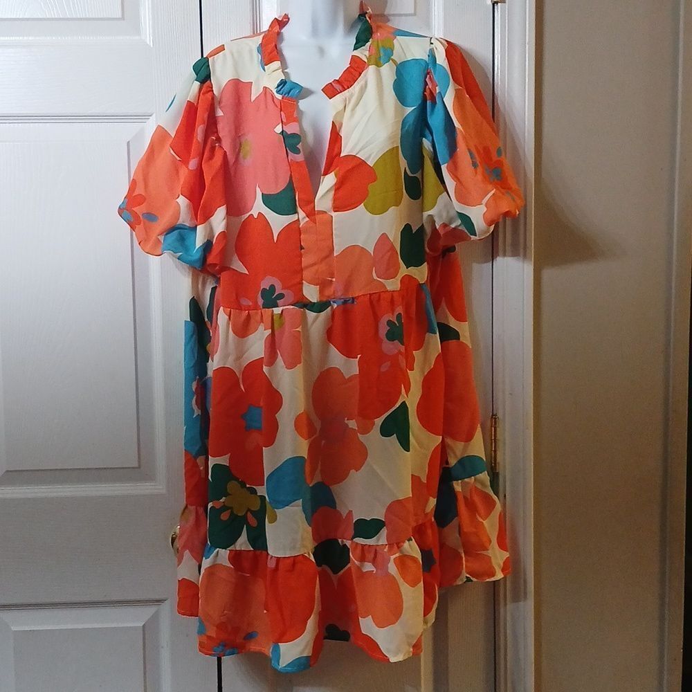 GeeGee bright floral print midi  hippy dress with puffy sleeves Sz 1XL NWOT
